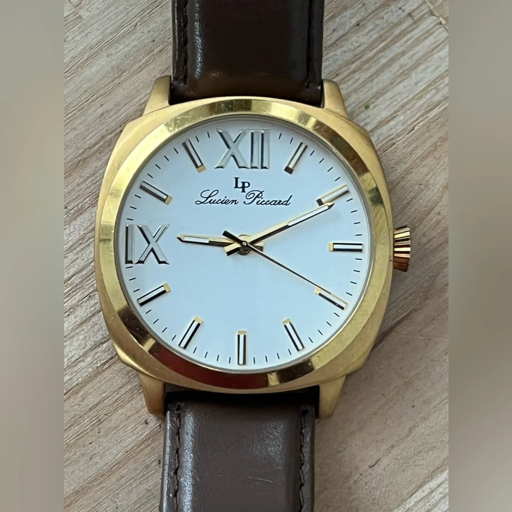 Lucien Piccard Luxury Large Gold-Tone Case Watch Brown Leather Strap White Dial
